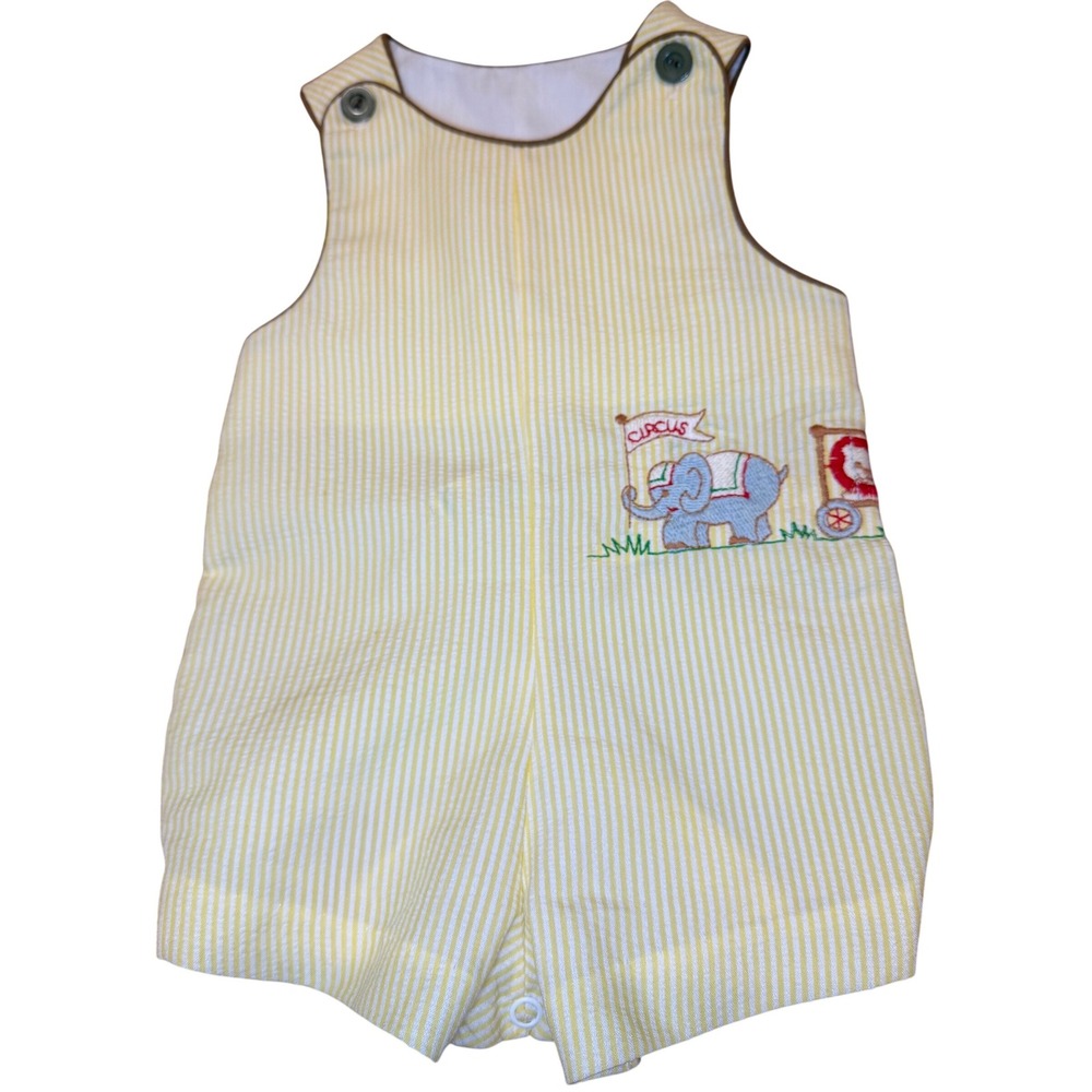 Vintage Toddle Tyke Yellow Seersucker Circus Elephant Clown Jon Jon Romper 6mo